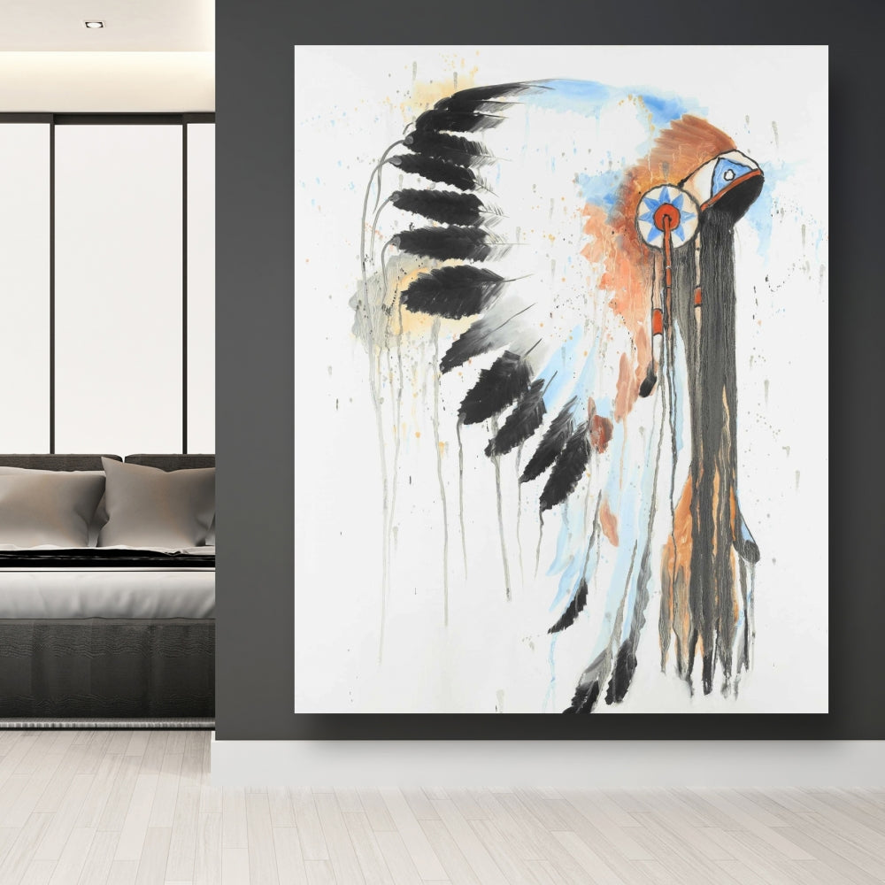 Indian War Bonnet Canvas | Ethnic Blue Home Decor Artwork