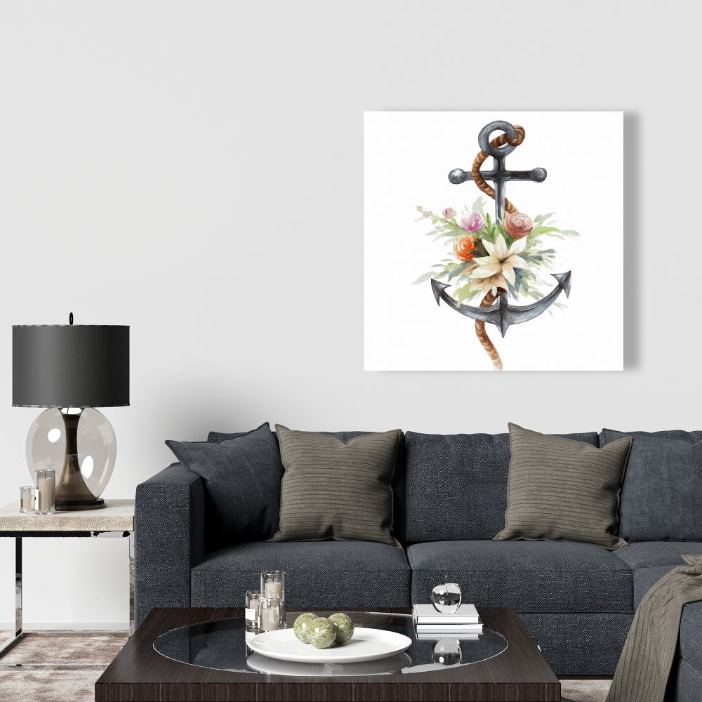 Coastal Brown Anchor with Flowers Canvas - Scandinavian Decor