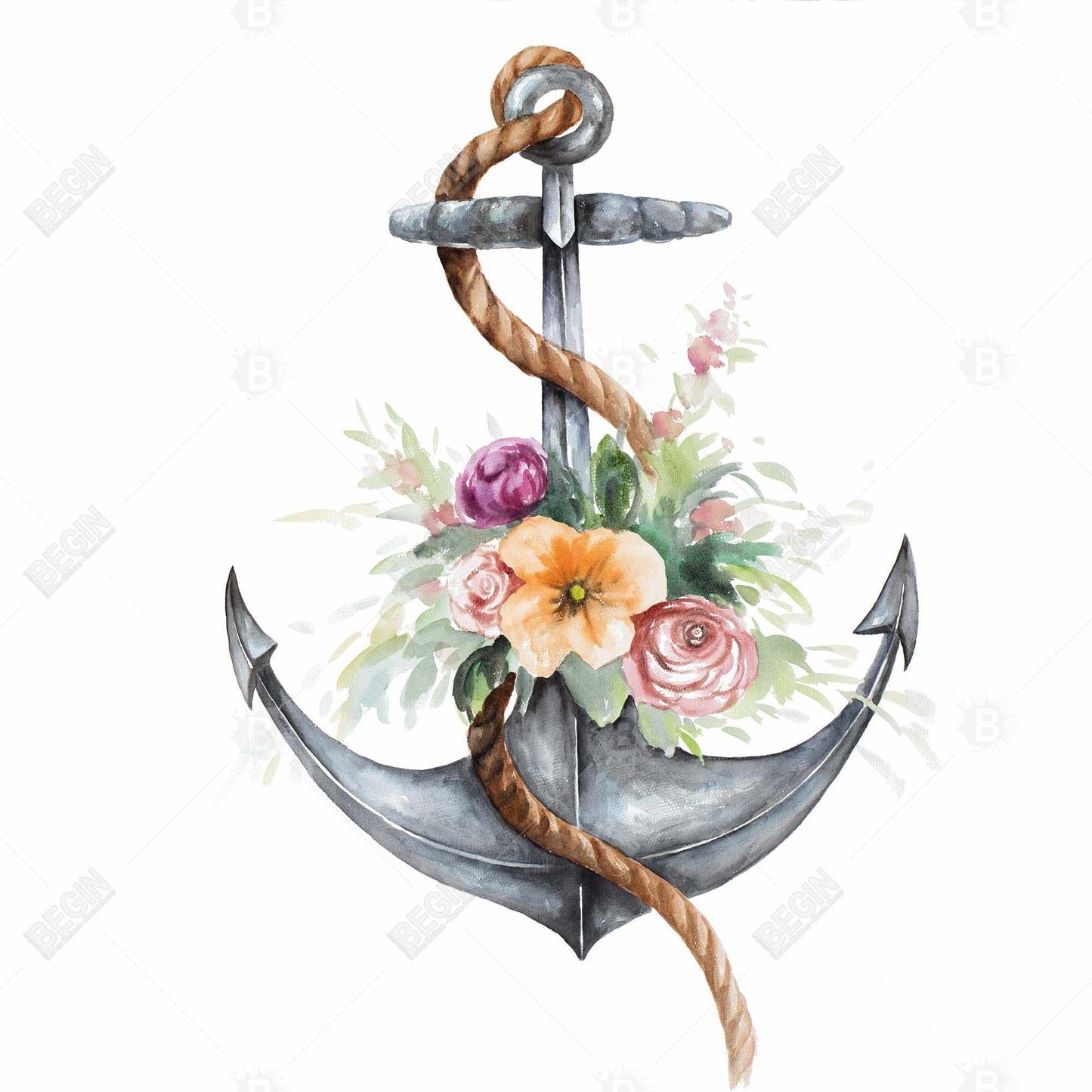 Toile marron marine - Ancre de bateau avec fleurs, décoration d'intérieur