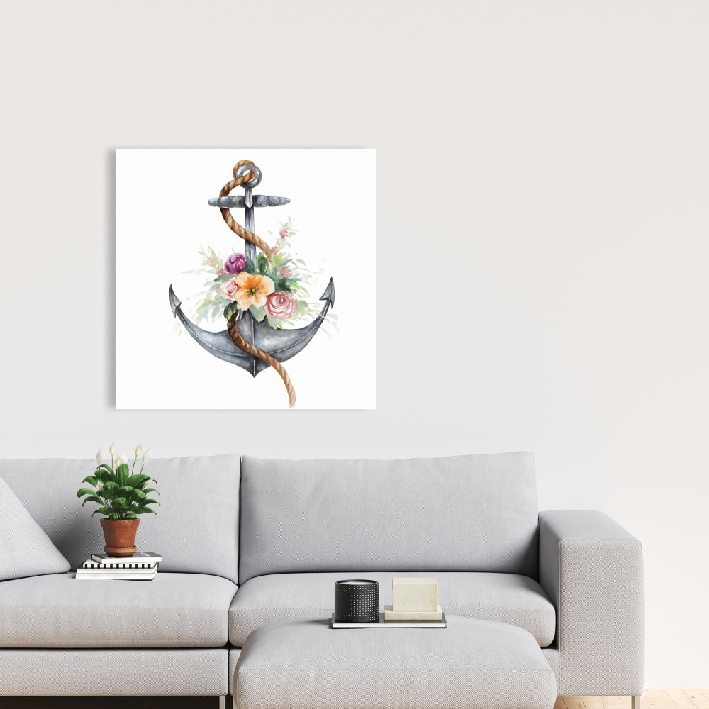 Toile marron marine - Ancre de bateau avec fleurs, décoration d'intérieur