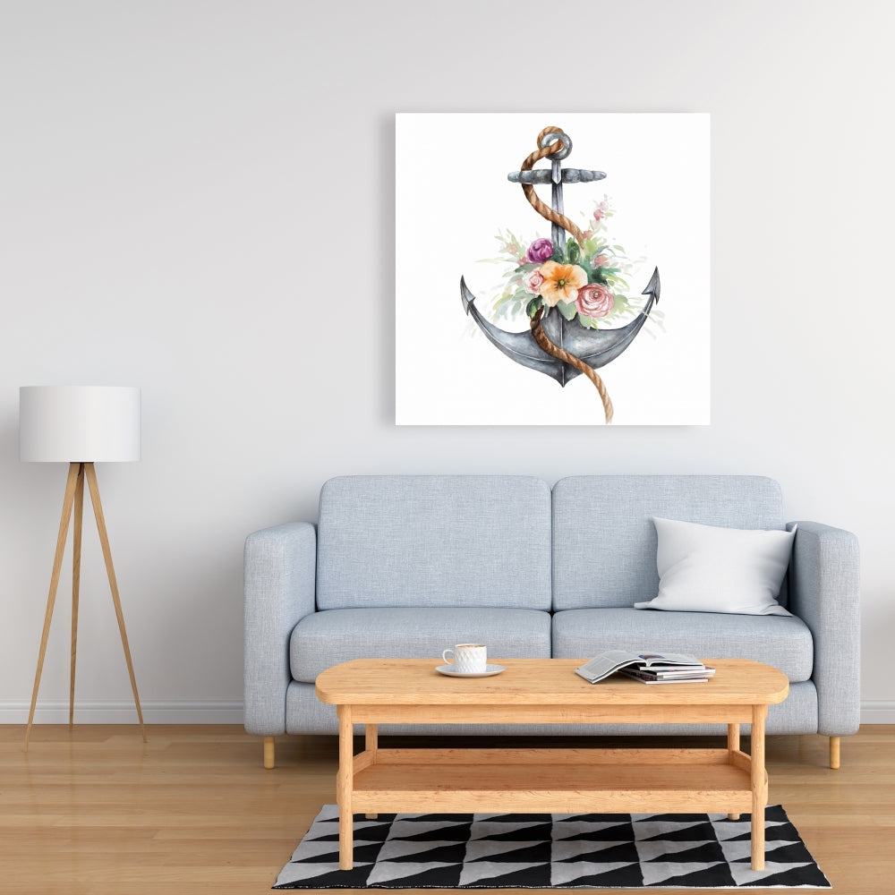 Toile marron marine - Ancre de bateau avec fleurs, décoration d'intérieur