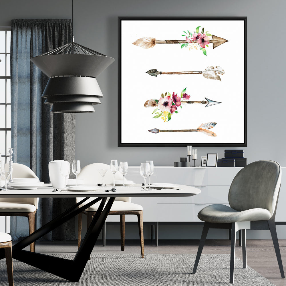 Toile encadrée « Pointes de flèches et fleurs » | Décoration florale pour chambre