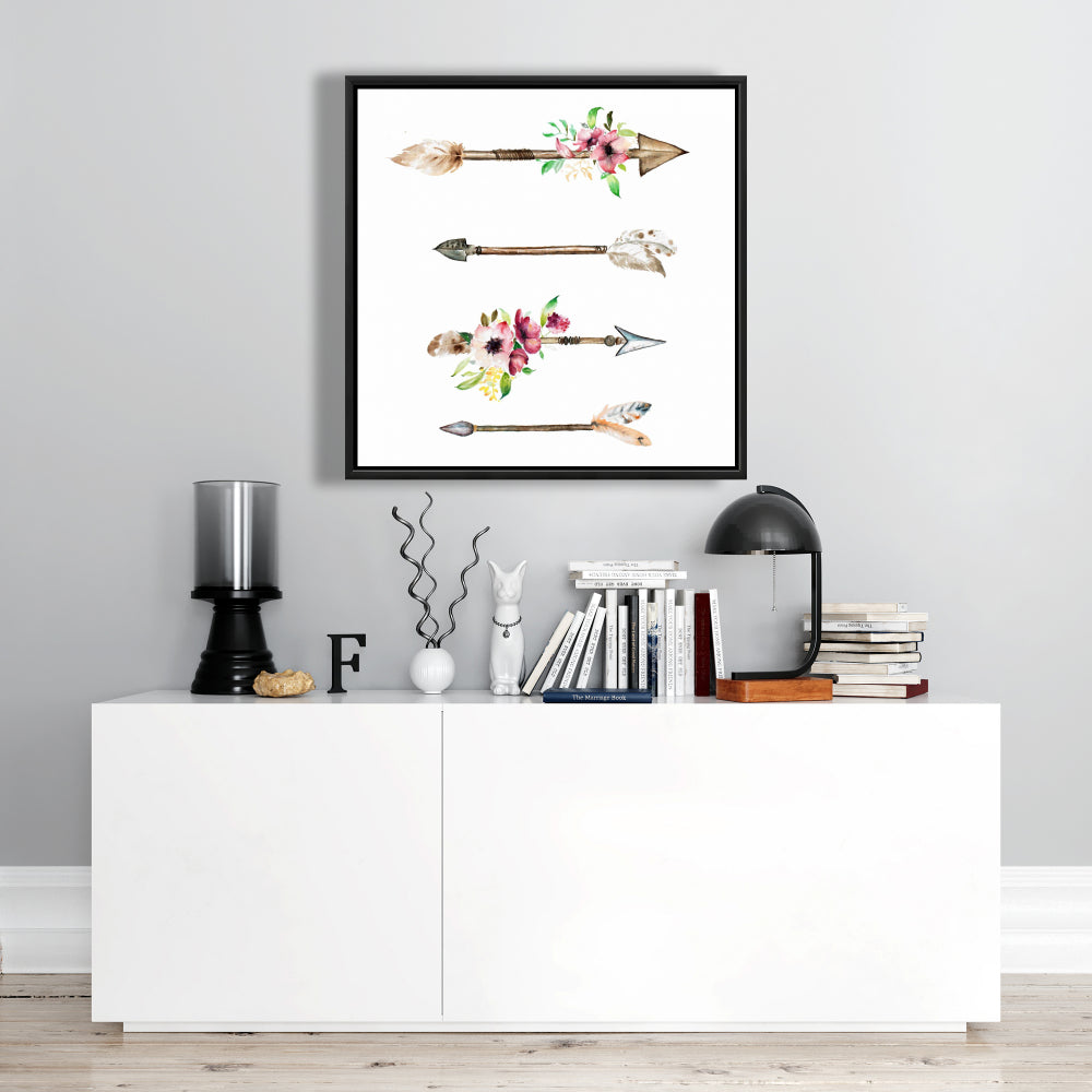 Toile encadrée « Pointes de flèches et fleurs » | Décoration florale pour chambre