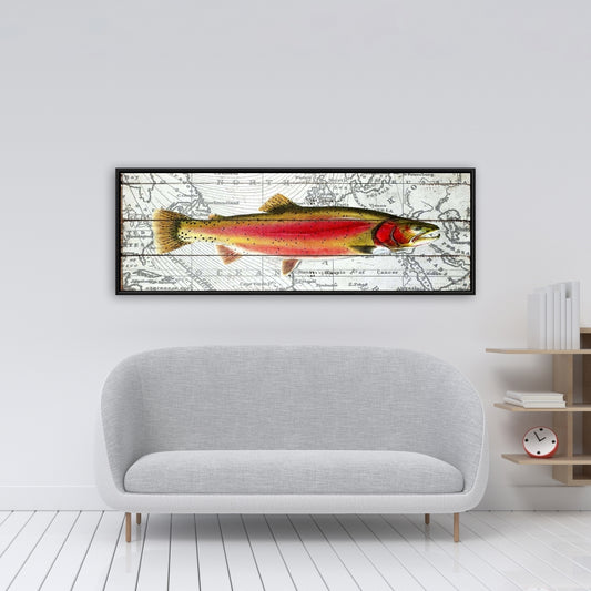 Pink Trout on Map | Aquatic Animals Framed Canvas Decor