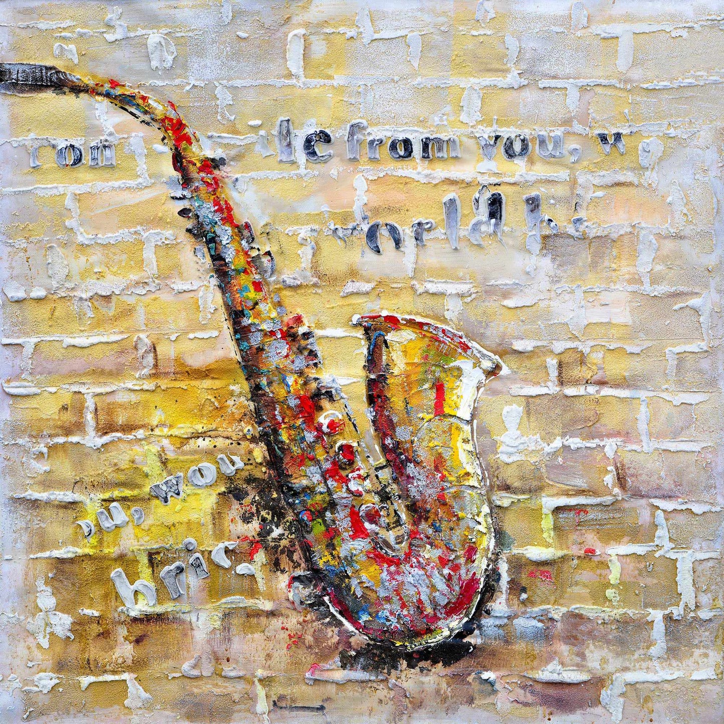 Saxophone jaune sur mur de briques | Décoration musicale pour chambre à coucher