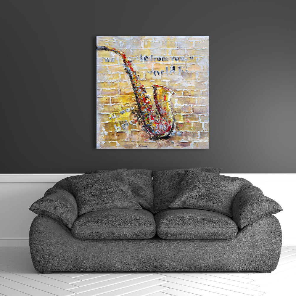 Saxophone sur toile murale en briques – Décoration musicale jaune pour la maison