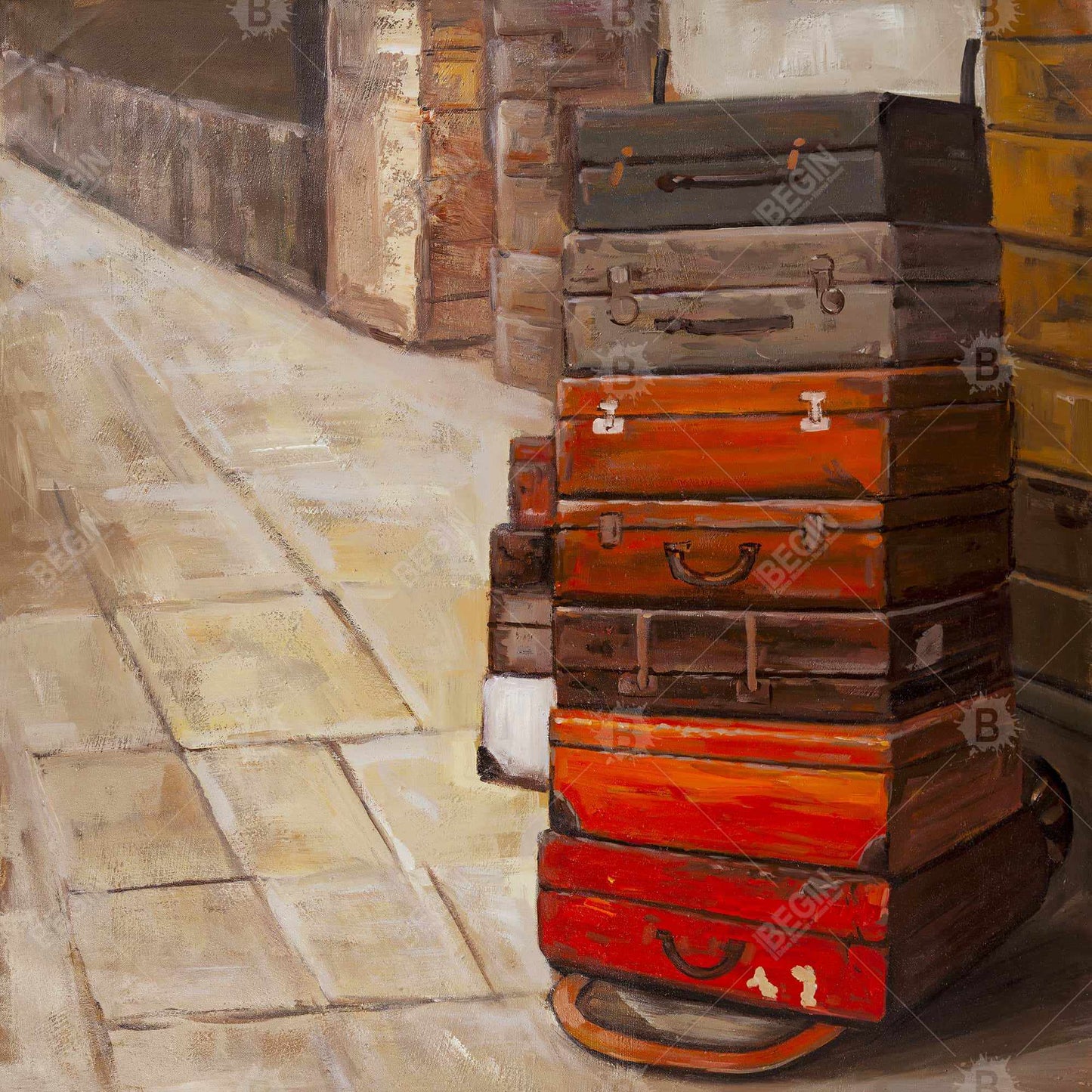 Nature morte sur toile encadrée marron – Décor de vieilles valises de voyage