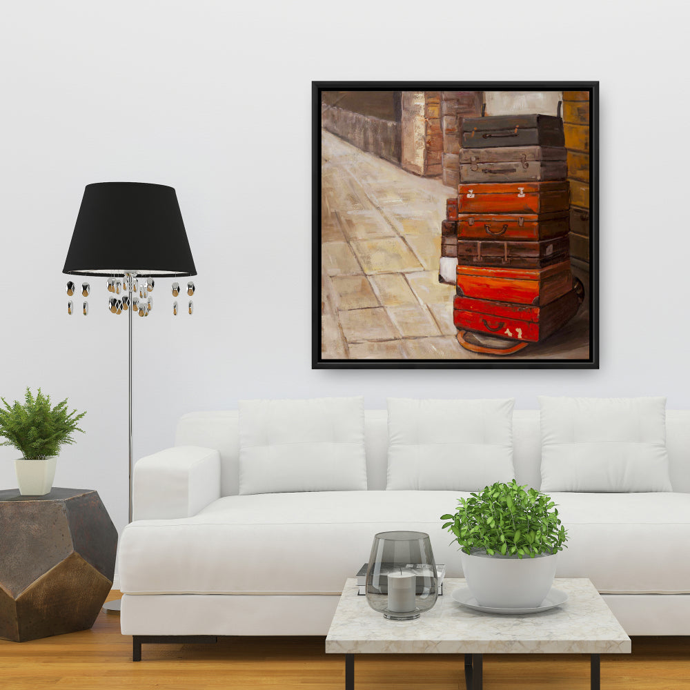 Nature morte sur toile encadrée marron – Décor de vieilles valises de voyage