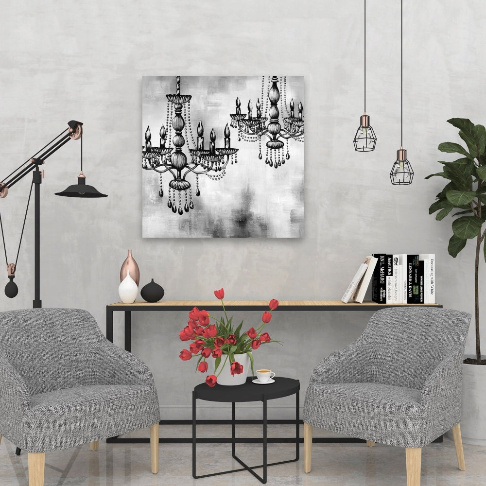Two Crystal Chandeliers Canvas | White Kitchen Decor Art