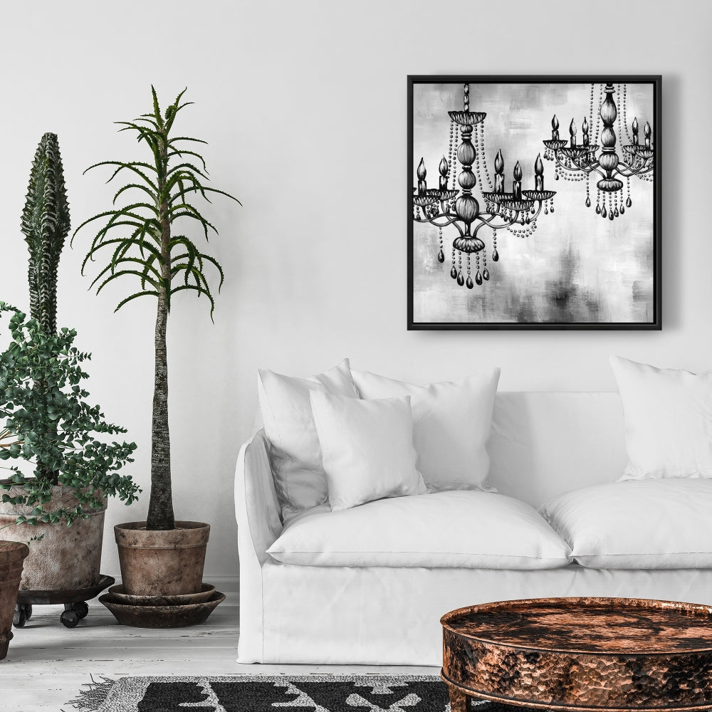 Deux lustres en cristal monochromes sur toile encadrée blanche
