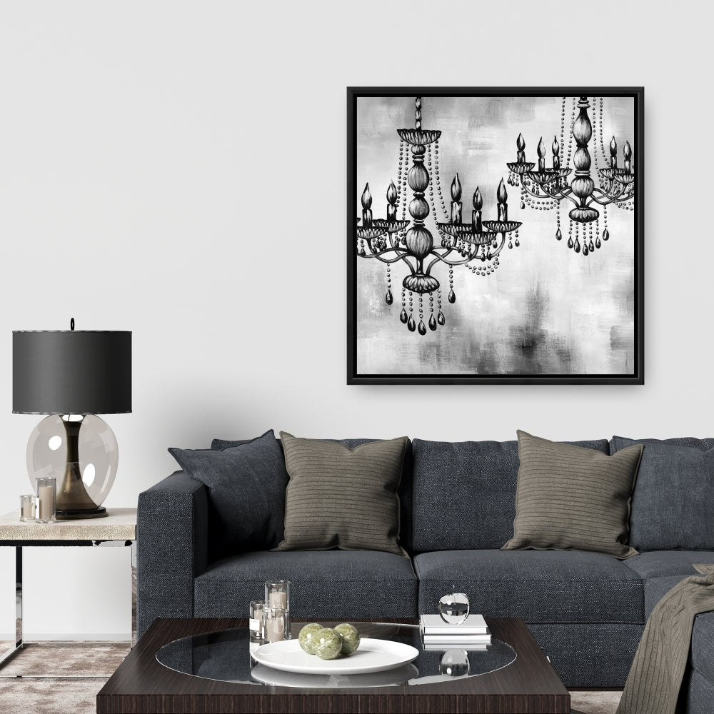 Deux lustres en cristal monochromes sur toile encadrée blanche