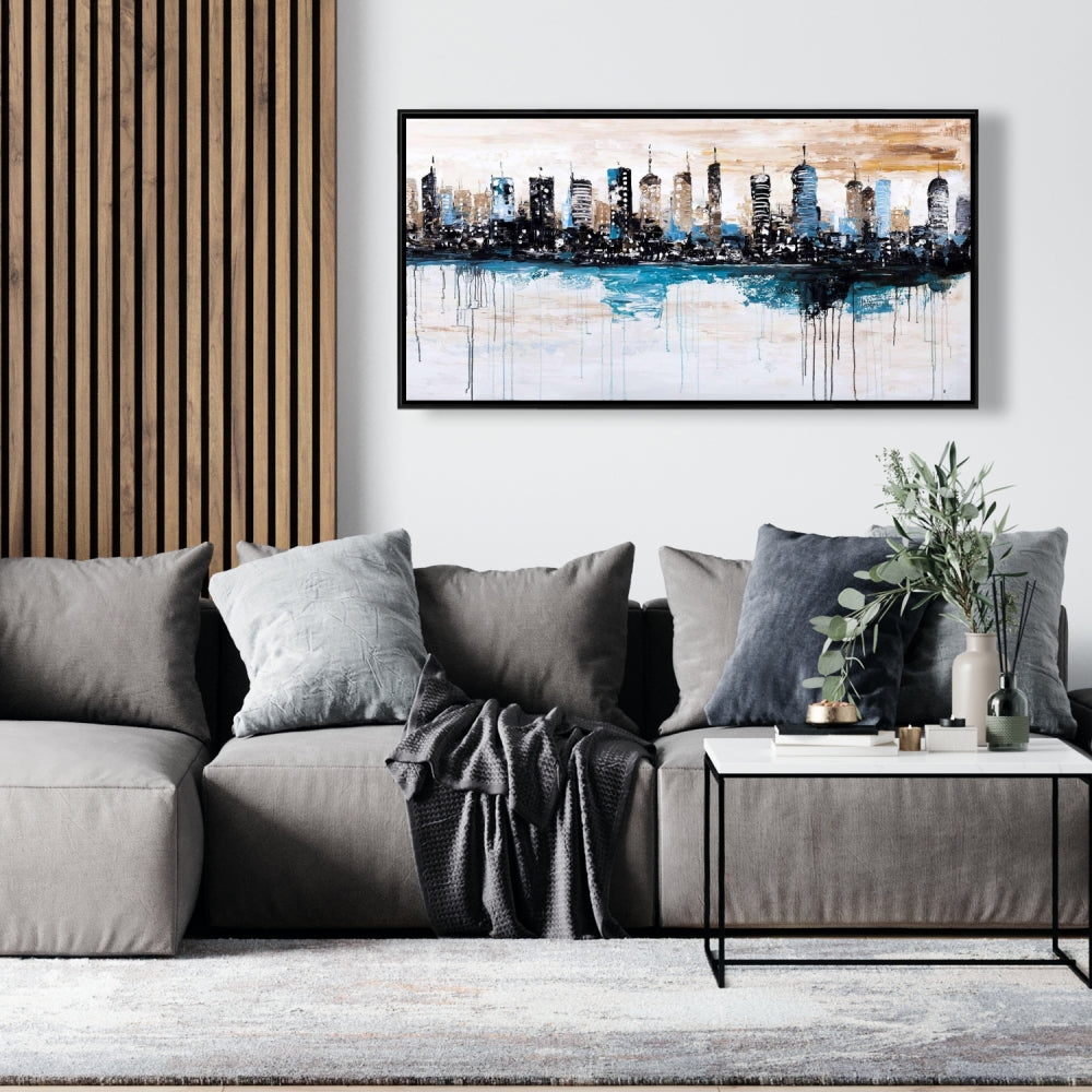 Toile de chambre industrielle bleue – Décor de bâtiments à l'horizon