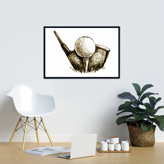 Toile illustrative représentant une balle de golf | Décoration d'intérieur avec cadre marron