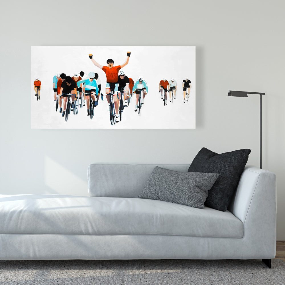 Cyclists at Race End Canvas | Blue Sports Art for Home Decor