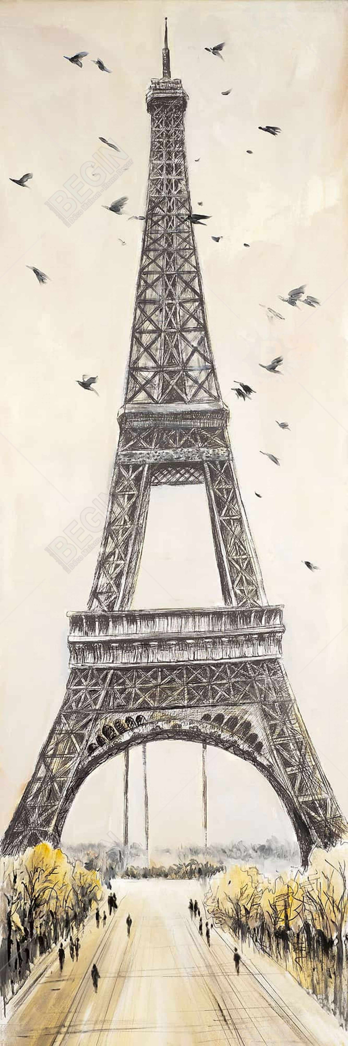 Eiffel Tower Canvas - Gray Bedroom Decor with Flying Birds