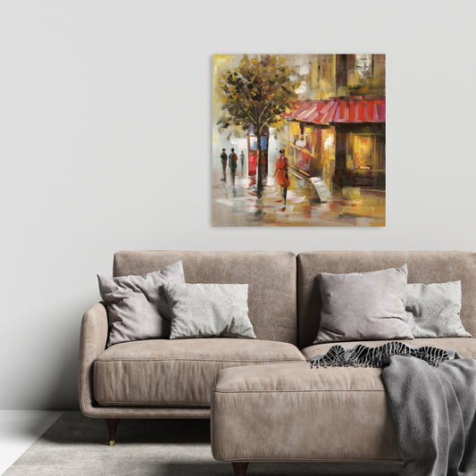 Rue abstraite avec passants | Toile de chambre contemporaine avec arbres