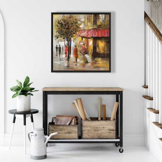 Rue abstraite avec passants – Toile encadrée jaune pour décoration intérieure