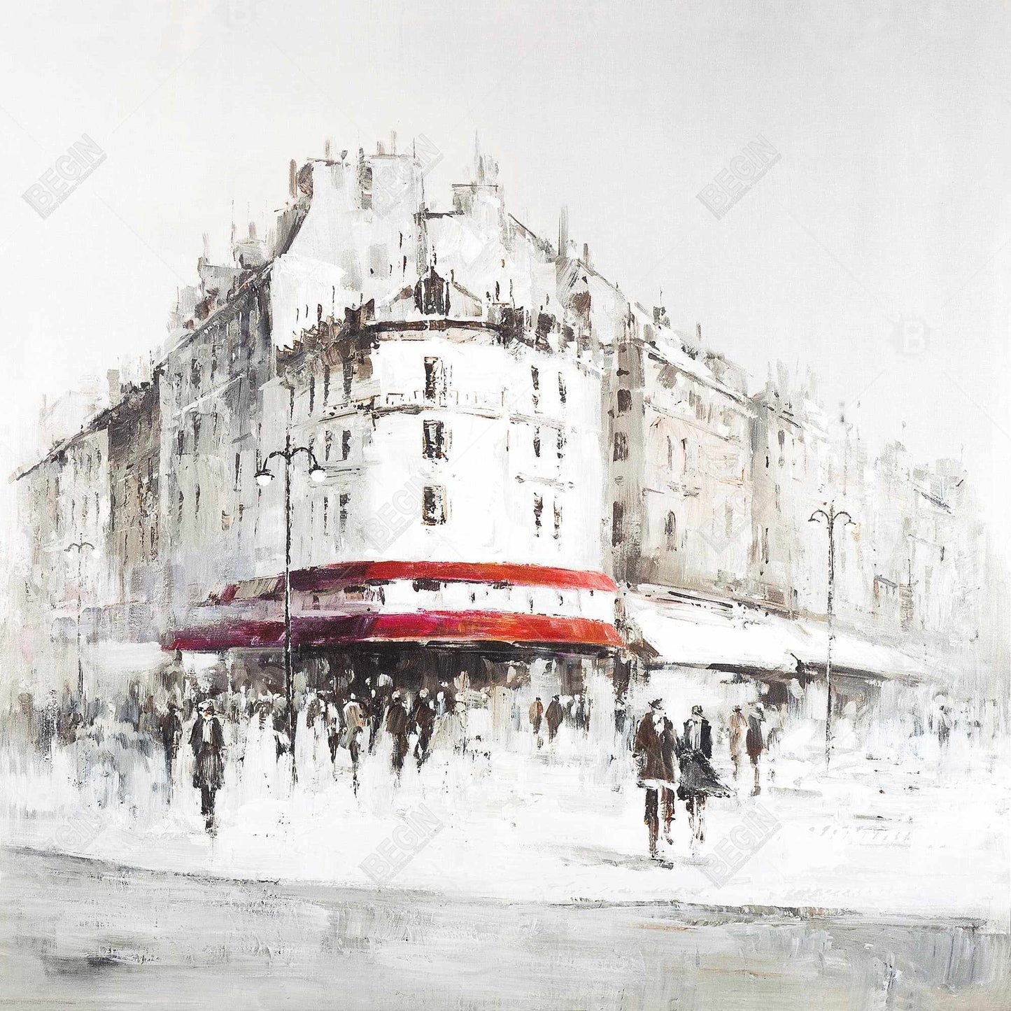 White Street Canvas - Red Accents | Modern Building Decor