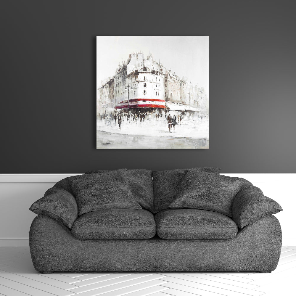 White Street Canvas - Red Accents | Modern Building Decor