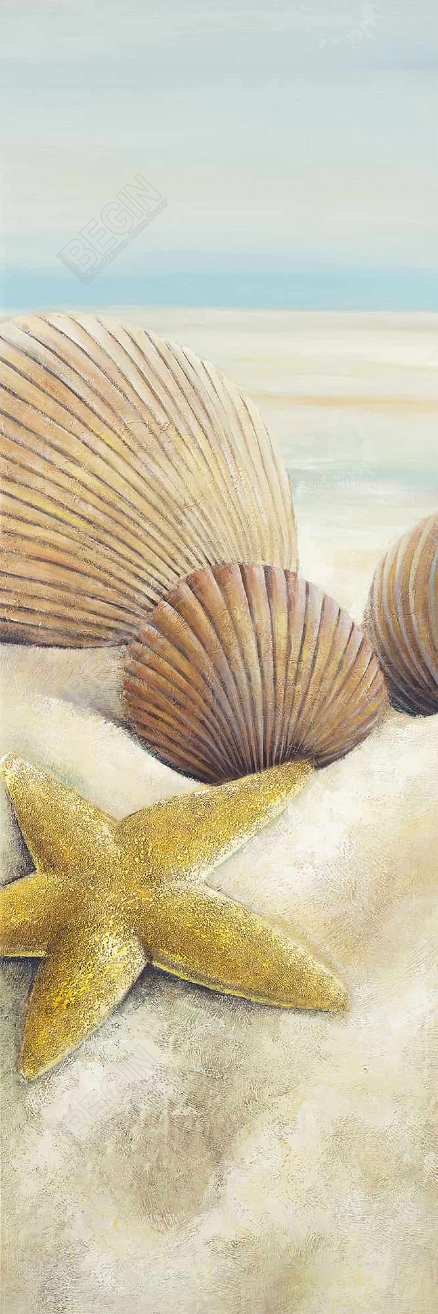 Blue Canvas Art - Starfish and Seashells Beach View Decor