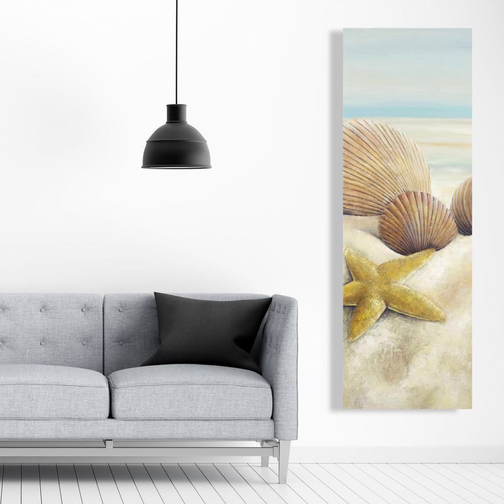 Blue Canvas Art - Starfish and Seashells Beach View Decor