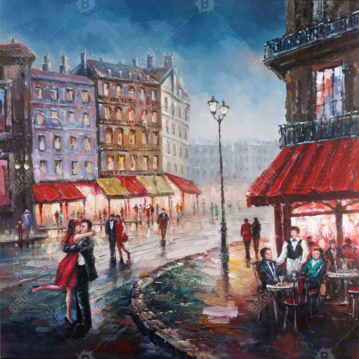 Couple Kissing in the Street Blue Canvas | Romantic Home Decor