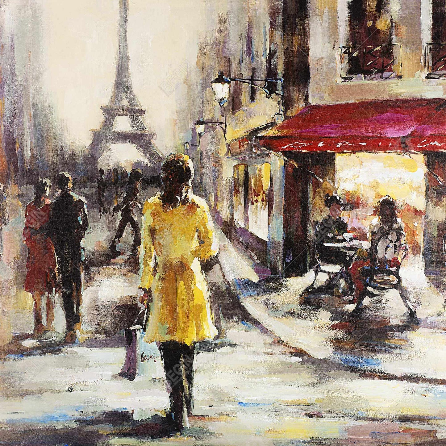 Toile jaune - Décoration de rue représentant une femme en manteau jaune