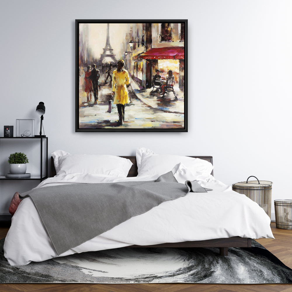 Toile représentant une femme au manteau jaune – Décoration murale contemporaine pour chambre à coucher