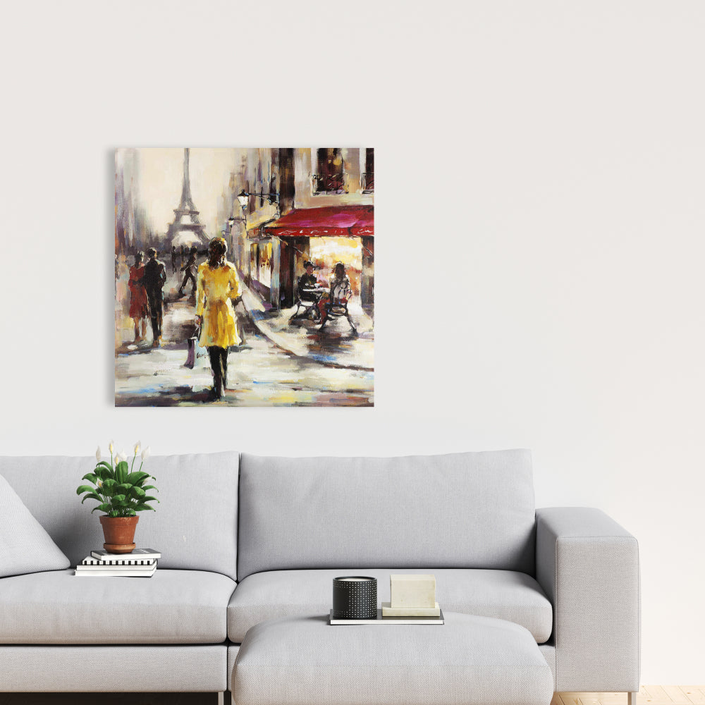 Toile jaune - Décoration de rue représentant une femme en manteau jaune