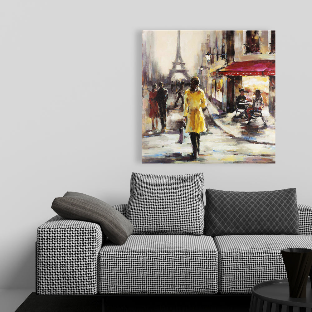 Toile jaune - Décoration de rue représentant une femme en manteau jaune