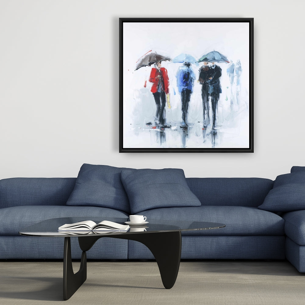 Toile représentant une femme sous une pluie printanière, paysage de rue – Décoration de chambre