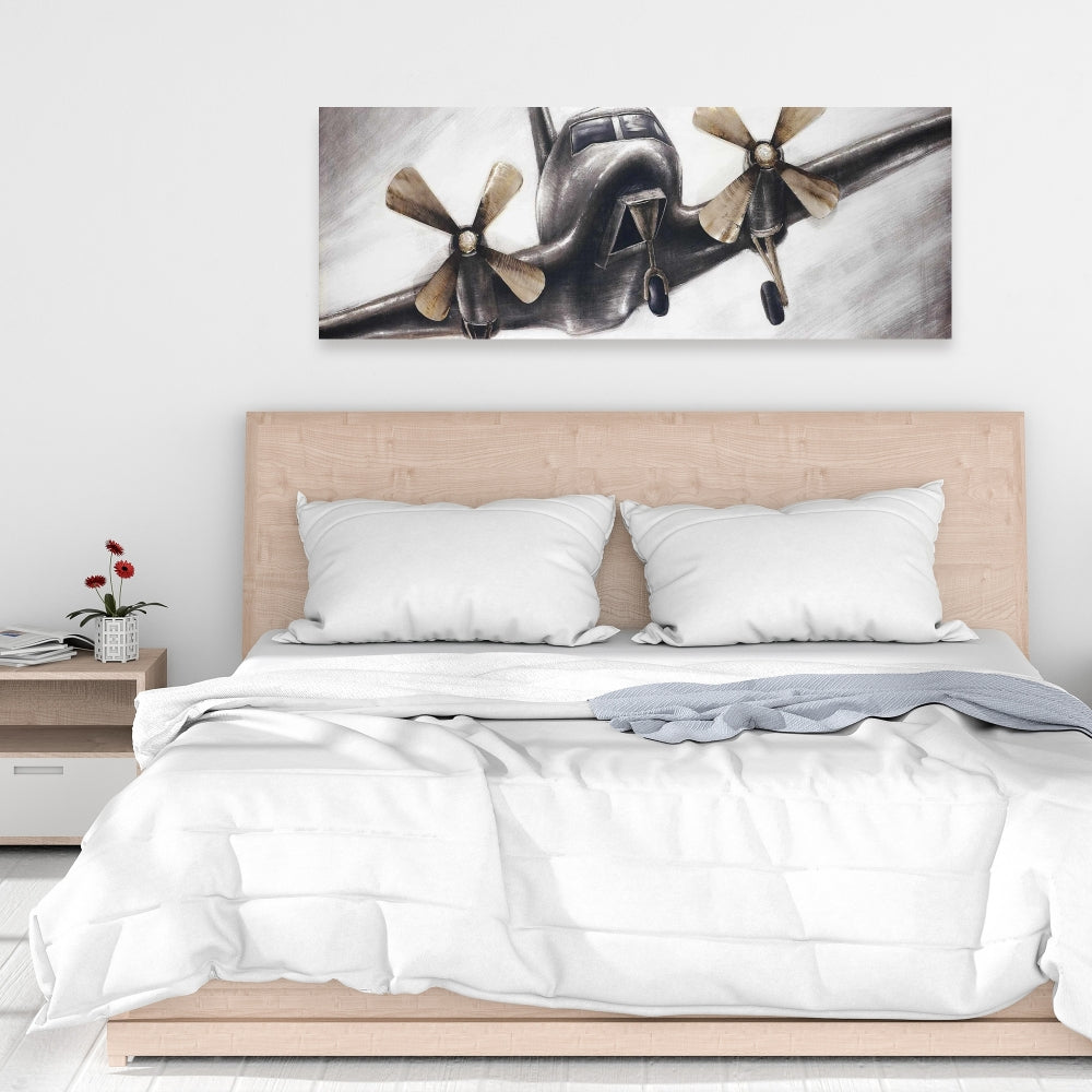 Vintage Airplane Canvas - Industrial Gray Aviation Decor
