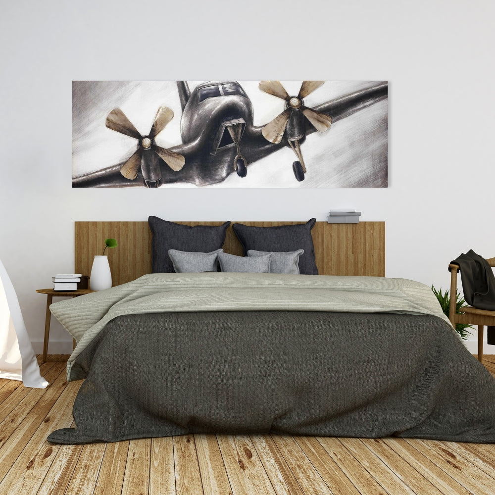 Vintage Airplane Canvas - Industrial Gray Aviation Decor