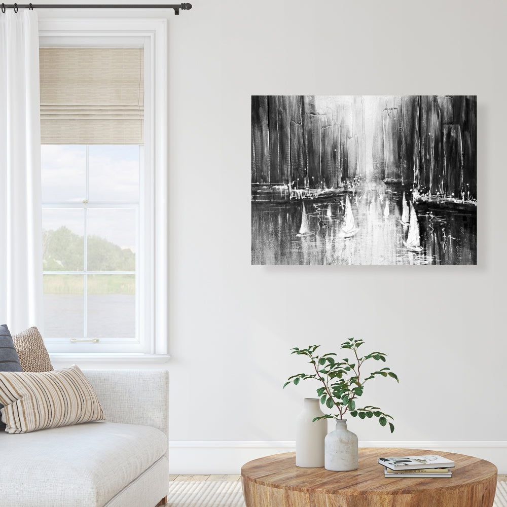 Coastal Bedroom White Canvas - Grayscale Boats Home Decor
