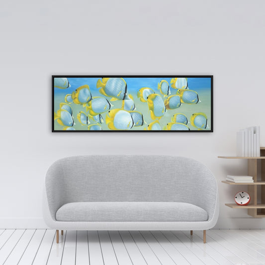 Toile encadrée jaune « Papillons et poissons » | Décoration aquatique