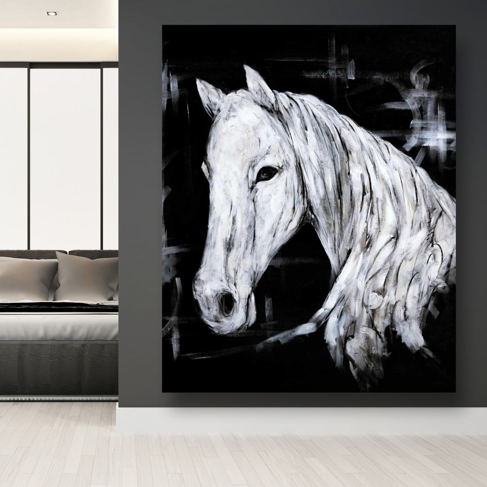 Toile abstraite de profil de cheval | Décoration d'intérieur blanche moderne