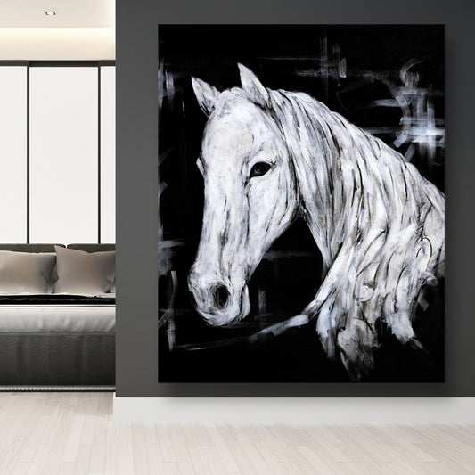 Toile abstraite de profil de cheval | Décoration d'intérieur blanche moderne