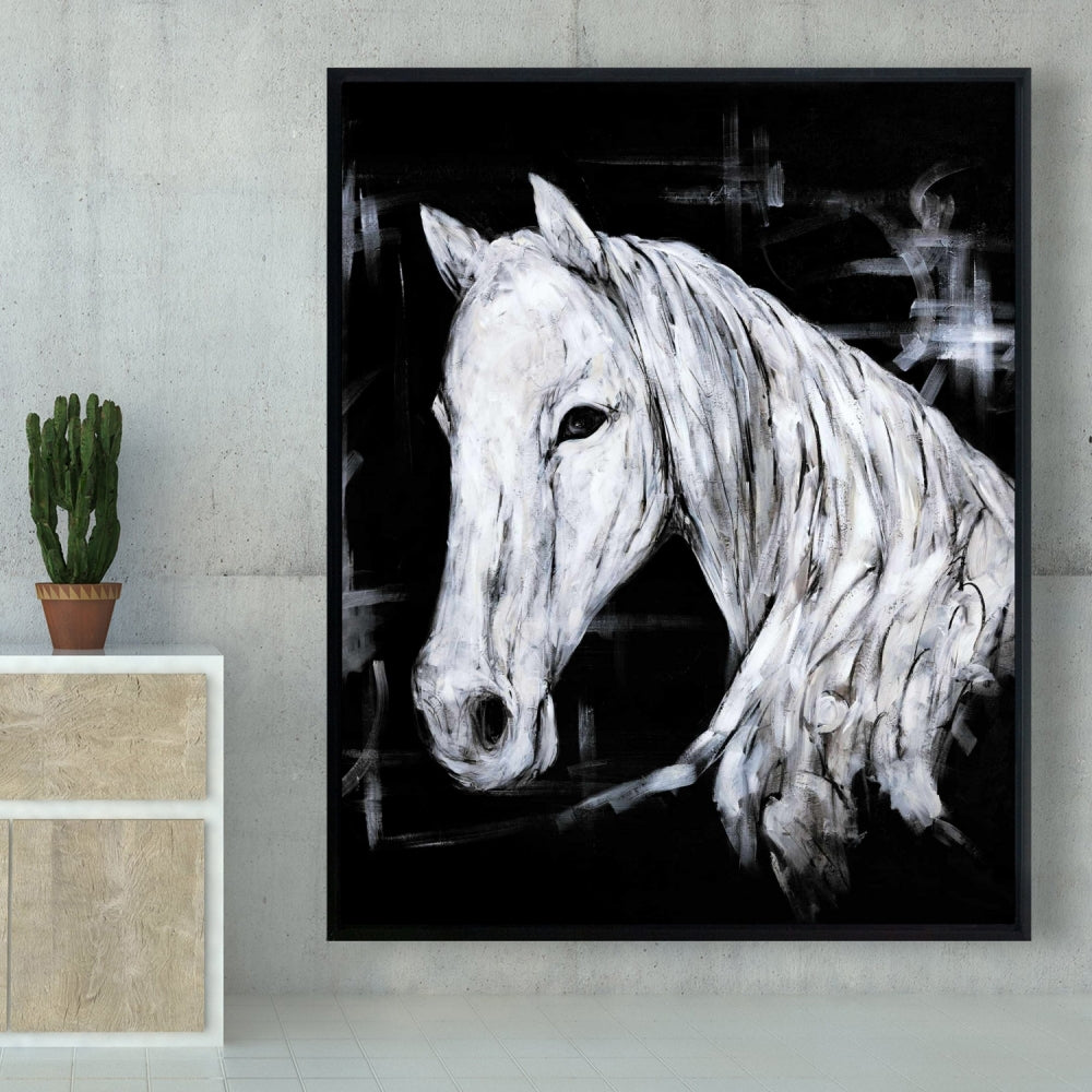 Toile abstraite de profil de cheval | Décoration d'animaux de la ferme | Cadre blanc