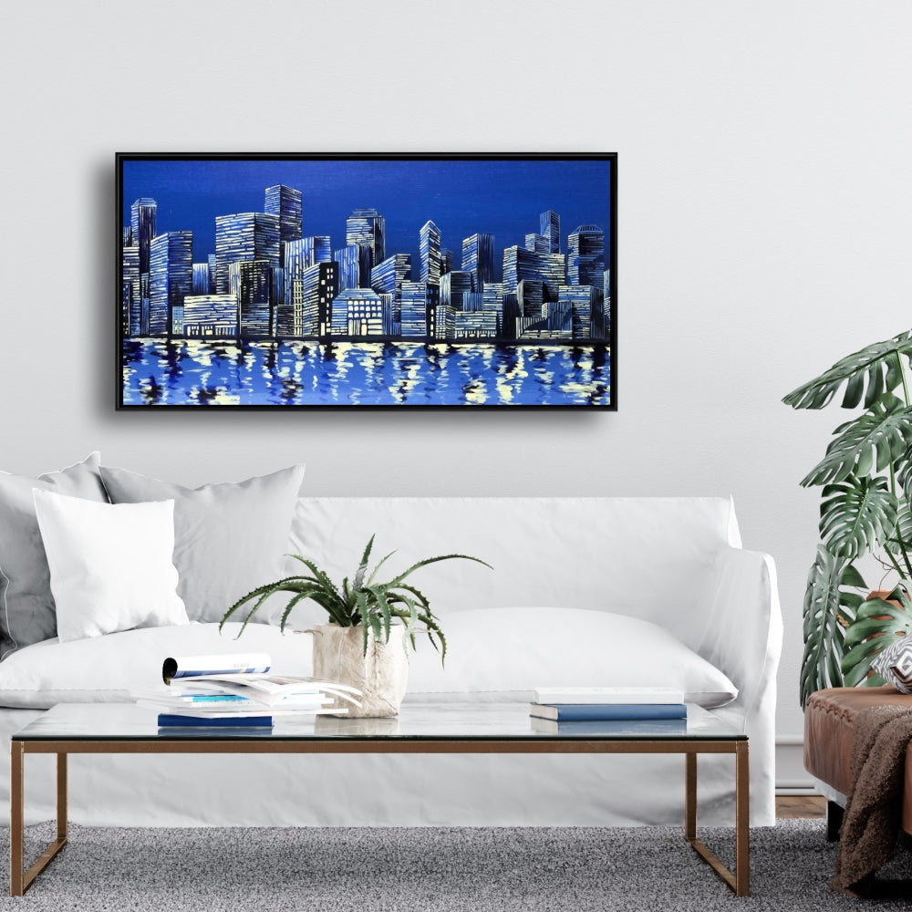 City in Blue Framed Canvas - Blue City Bedroom Wall Art Decor