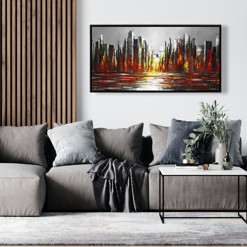 Abstract Red Skyline Canvas | Gray Frame Wall Art Decor