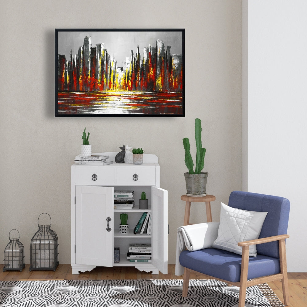 Abstract Red Skyline Canvas | Gray Frame Wall Art Decor