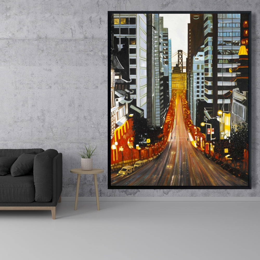Toile encadrée « San Francisco de nuit » | Décoration murale panoramique bleue