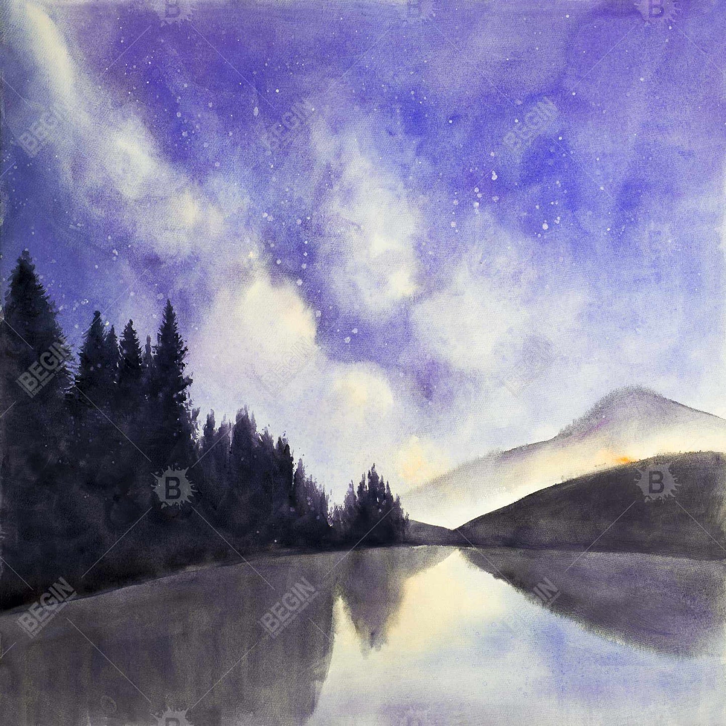 Vue étoilée sur le lac – Toile spirituelle violette pour chambre
