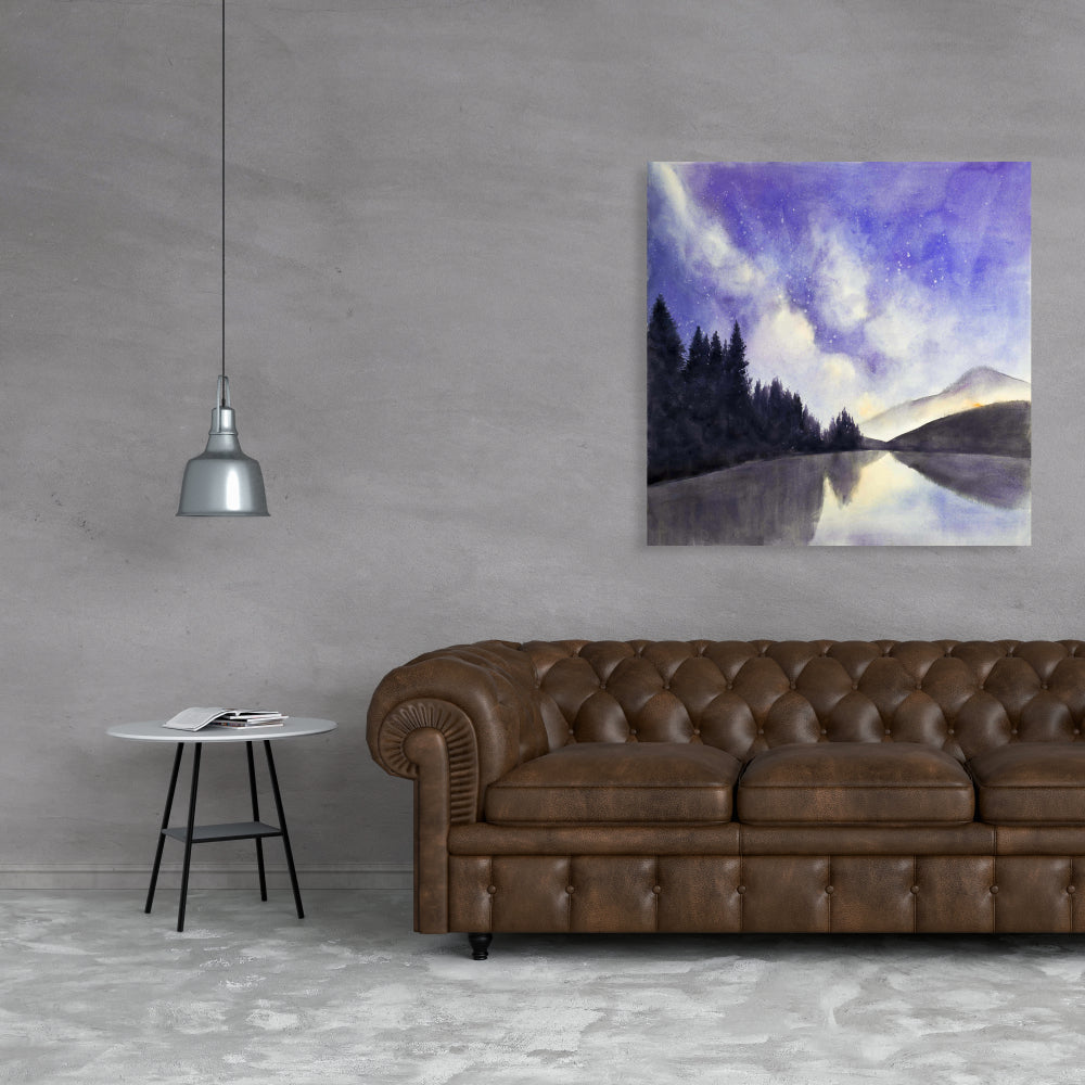 Vue étoilée sur le lac – Toile spirituelle violette pour chambre
