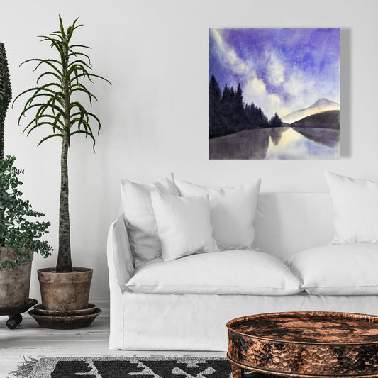 Vue étoilée sur le lac – Toile spirituelle violette pour chambre