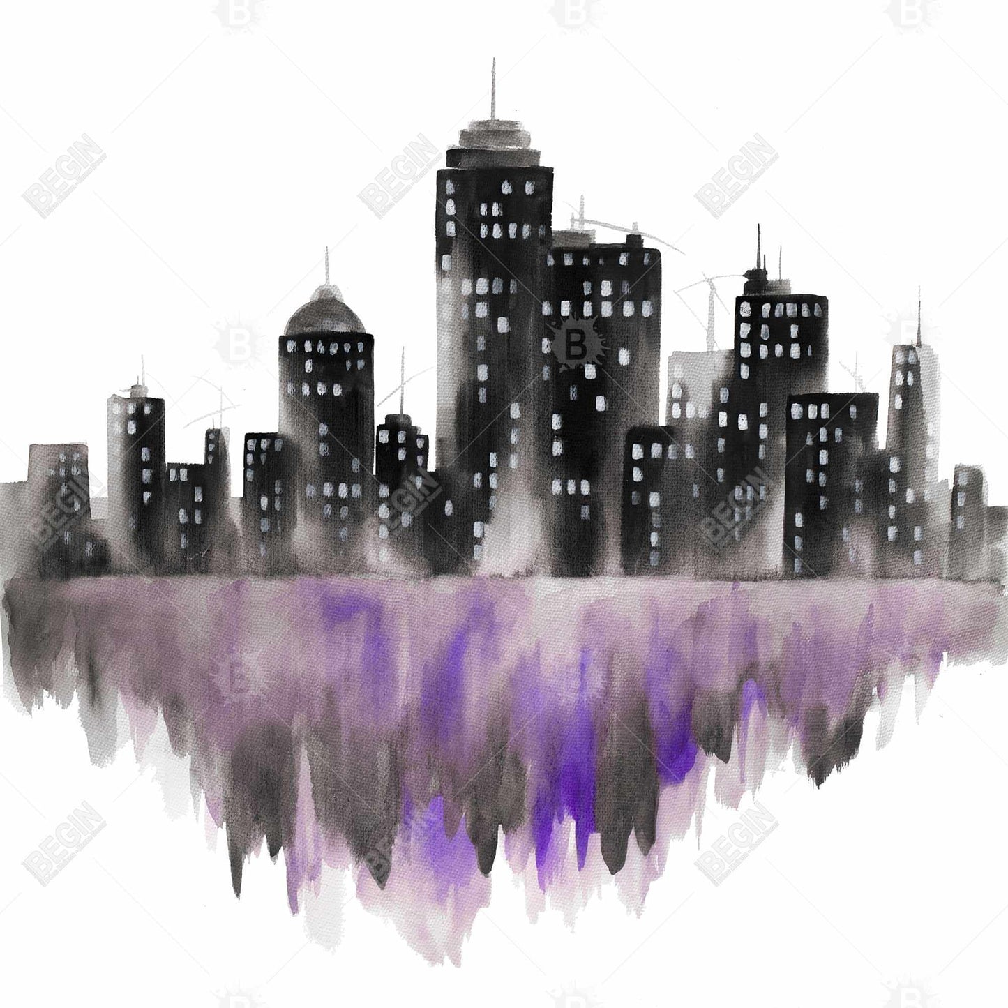 Purple Watercolor Cityscape Canvas | Industrial Home Decor