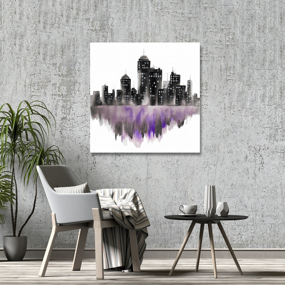 Purple Watercolor Cityscape Canvas | Industrial Home Decor
