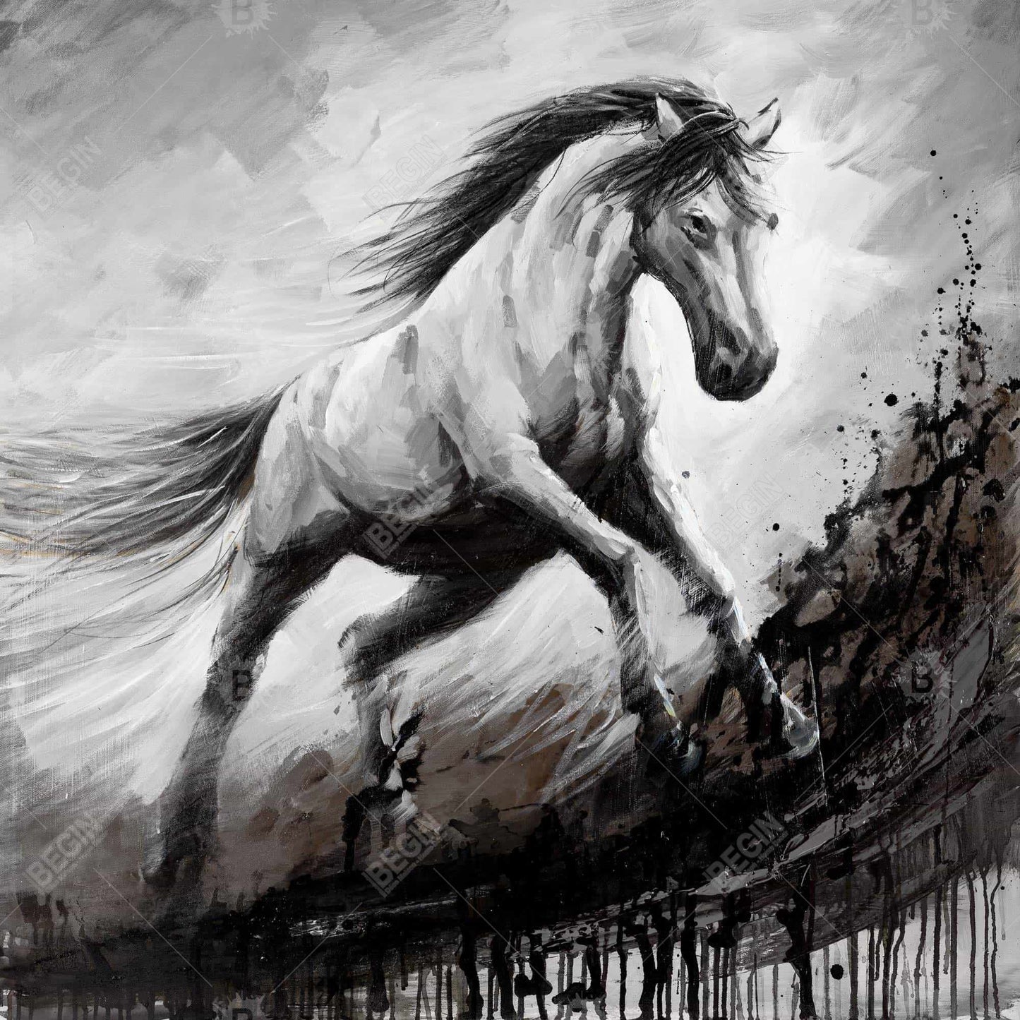White Horse in the Wind - Rustic White Framed Canvas Decor