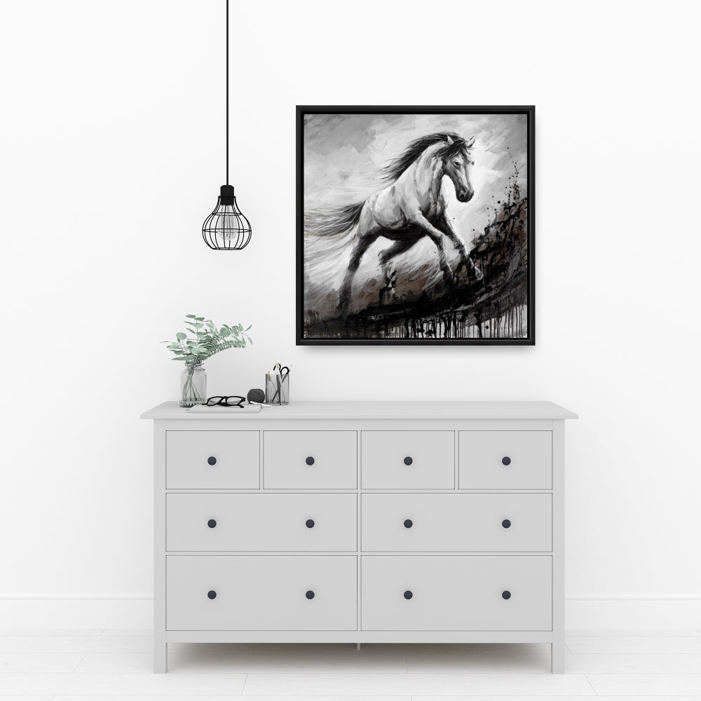 White Horse in the Wind - Rustic White Framed Canvas Decor