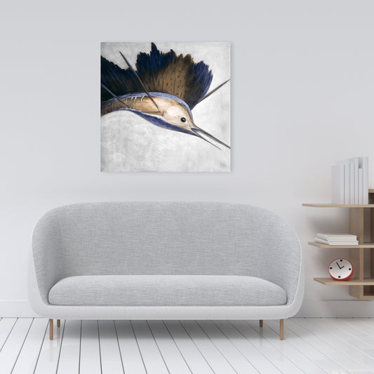 Toile abstraite représentant un espadon – Décoration murale de salle de bain bleu marine